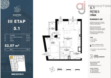 Mieszkanie na sprzedaż - al. Piłsudskiego Śródmieście, Łódź, 52,07 m², 695 700 PLN, NET-59245