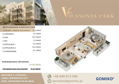 Mieszkanie na sprzedaż - Dostatnia Zawady, Wilanów, Warszawa, 73,5 m², 1 433 250 PLN, NET-88/15815/OMS