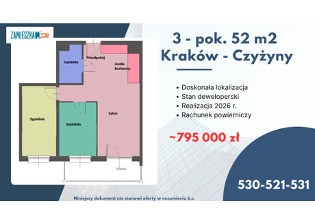 Mieszkanie na sprzedaż - Aleja Pokoju Czyżyny, Kraków-Nowa Huta, Kraków, 52 m², 795 000 PLN, NET-ZAM565815