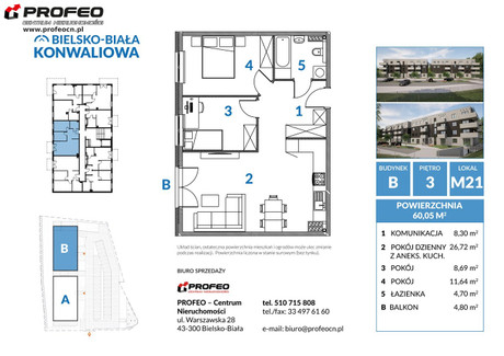 Mieszkanie na sprzedaż - Centrum, Bielsko-Biała, Bielsko-Biała M., 60,05 m², 521 000 PLN, NET-PCN-MS-10600