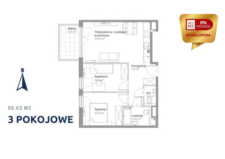 Mieszkanie na sprzedaż - Centralna Czyżyny, Kraków-Nowa Huta, Kraków, 55,63 m², 728 715 PLN, NET-670083