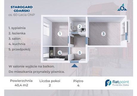 Mieszkanie na sprzedaż - Osiedle 60-Lecia Odzyskania Niepodległości Polski Starogard Gdański, Starogardzki, 40,4 m², 323 000 PLN, NET-FPO488302